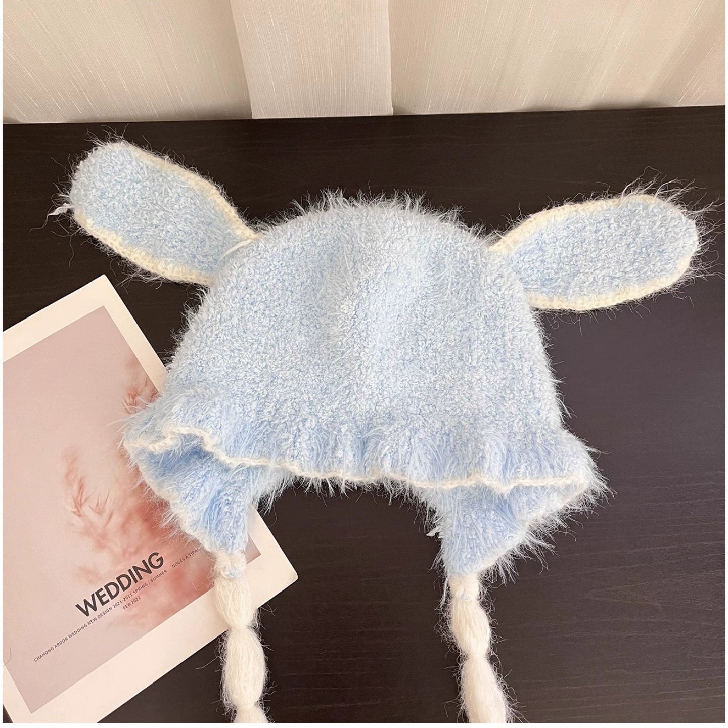 Pink rabbit ear plush knitted ear protection cap
