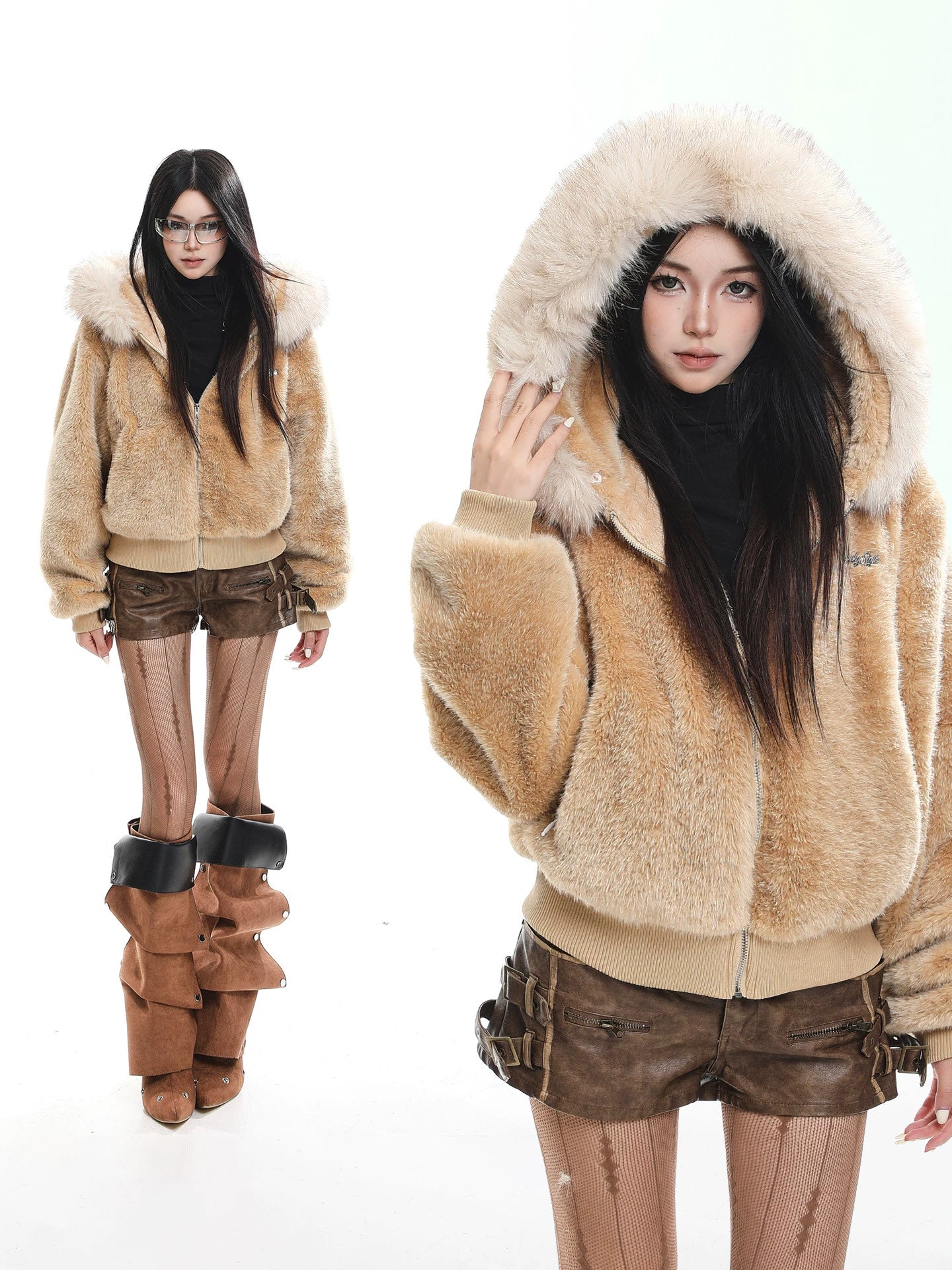 Detachable fur collar hooded cotton jacket