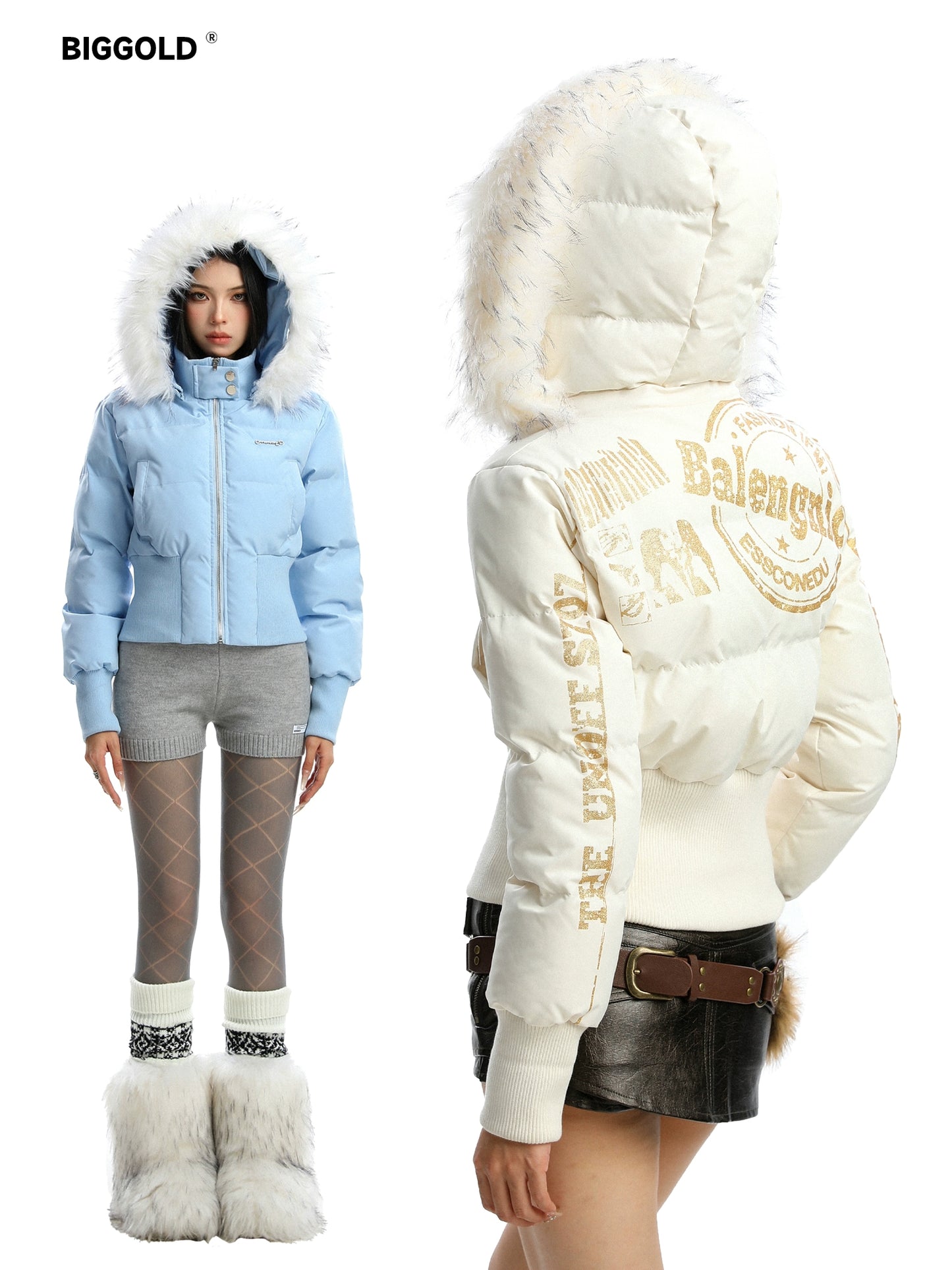 Detachable fur collar hooded short cotton padded coat