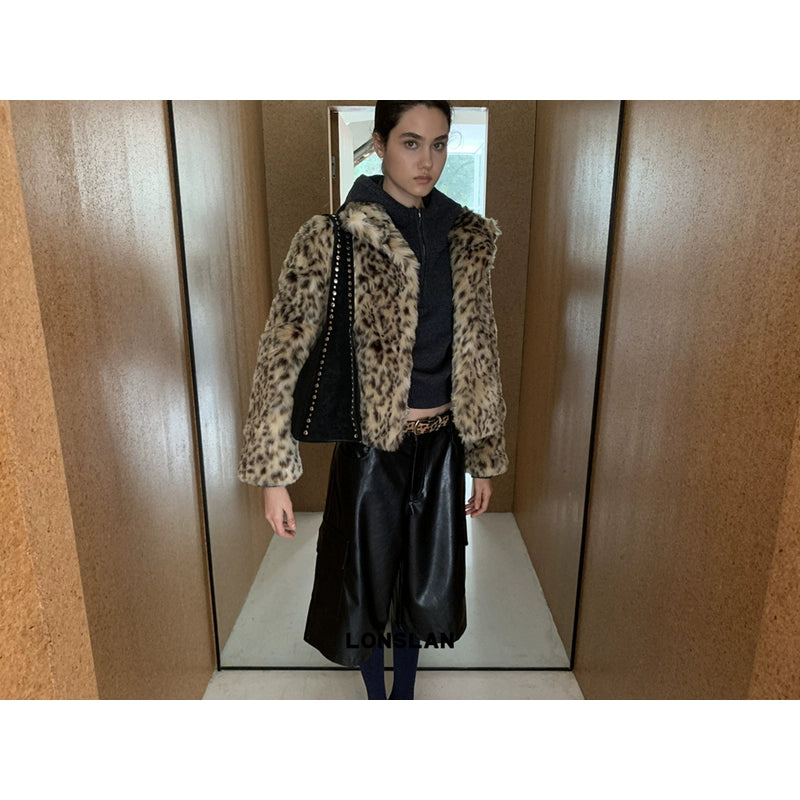 Flip collar buckle leopard print fur coat