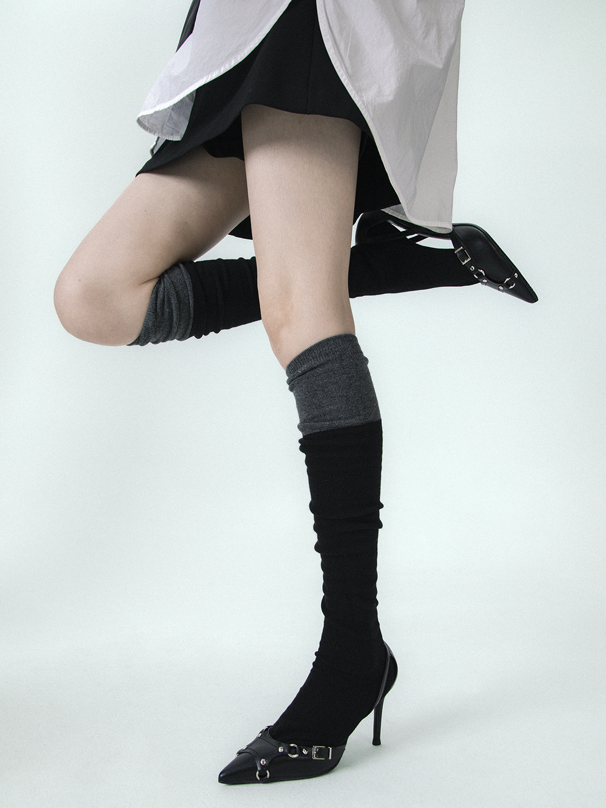 SS2L Autumn/Winter Minimalist Black Grey Splicing Spicy Girl with Velvet Thickened Warm Knee Socks Long Tube Socks Children's Stacking Socks