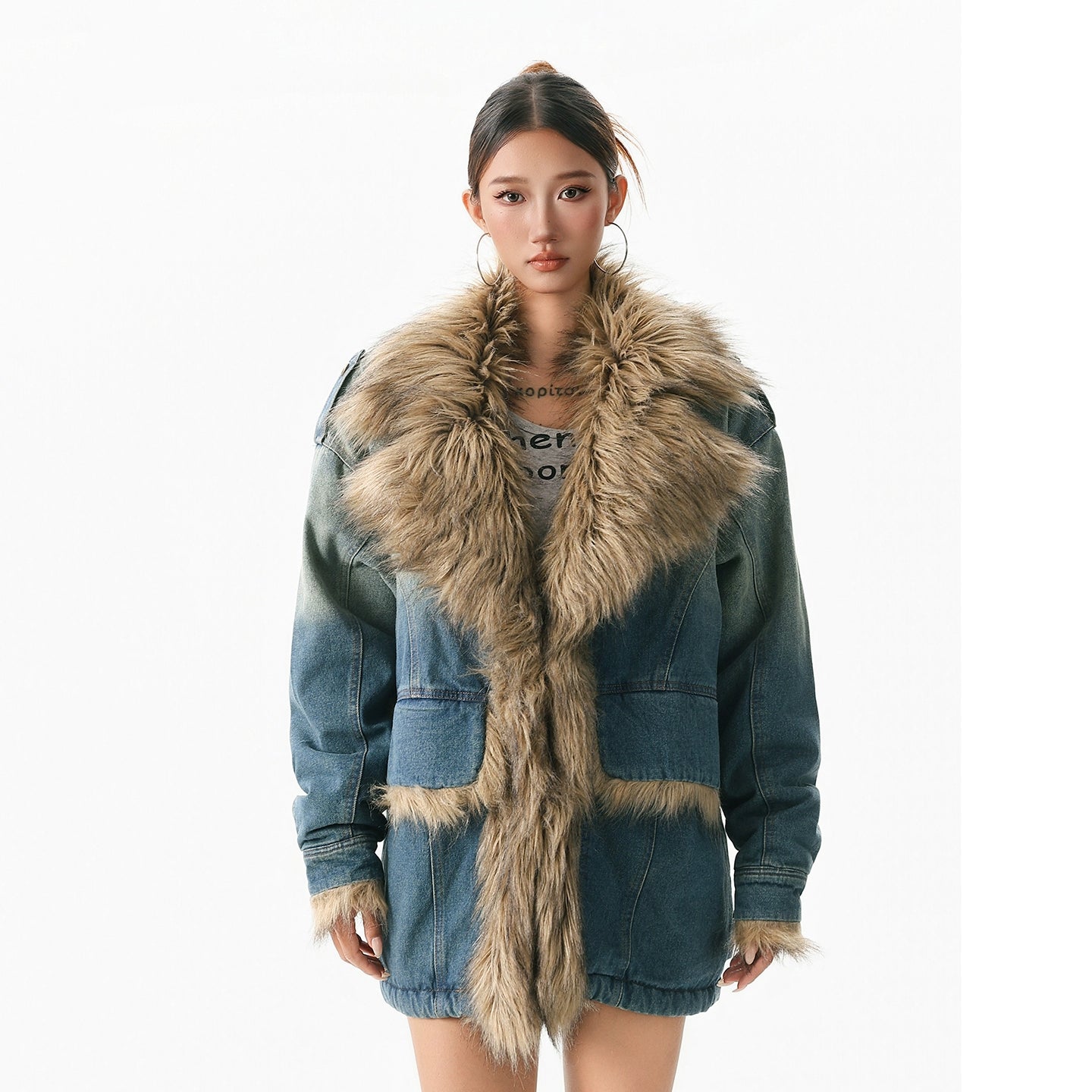 Retro fur collar denim cotton jacket