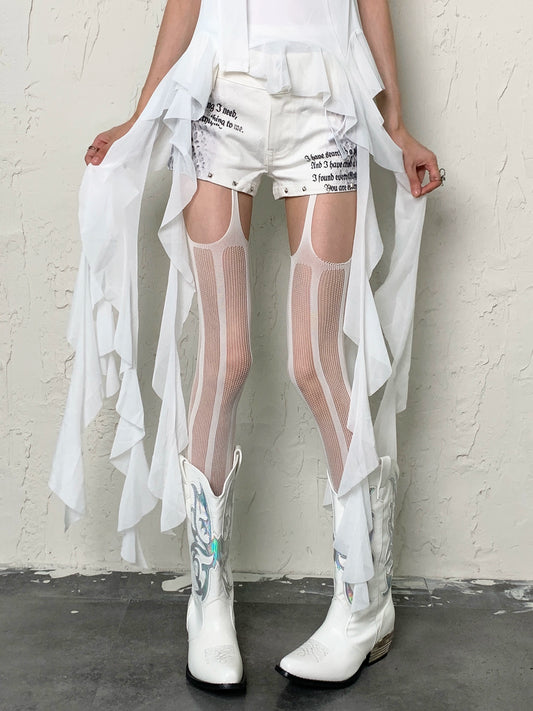 Cream white vertical patterned fishing net socks