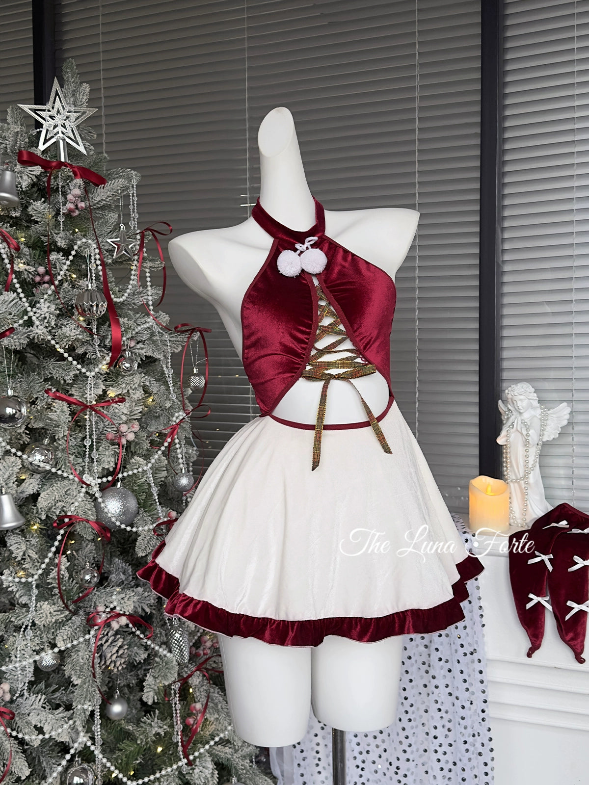 Christmas Red Velvet Neck Hanging Dress
