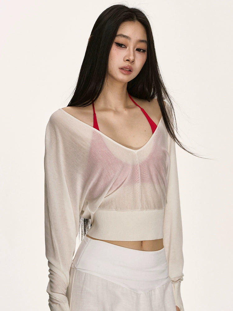 V-neck bat sleeve knitted top