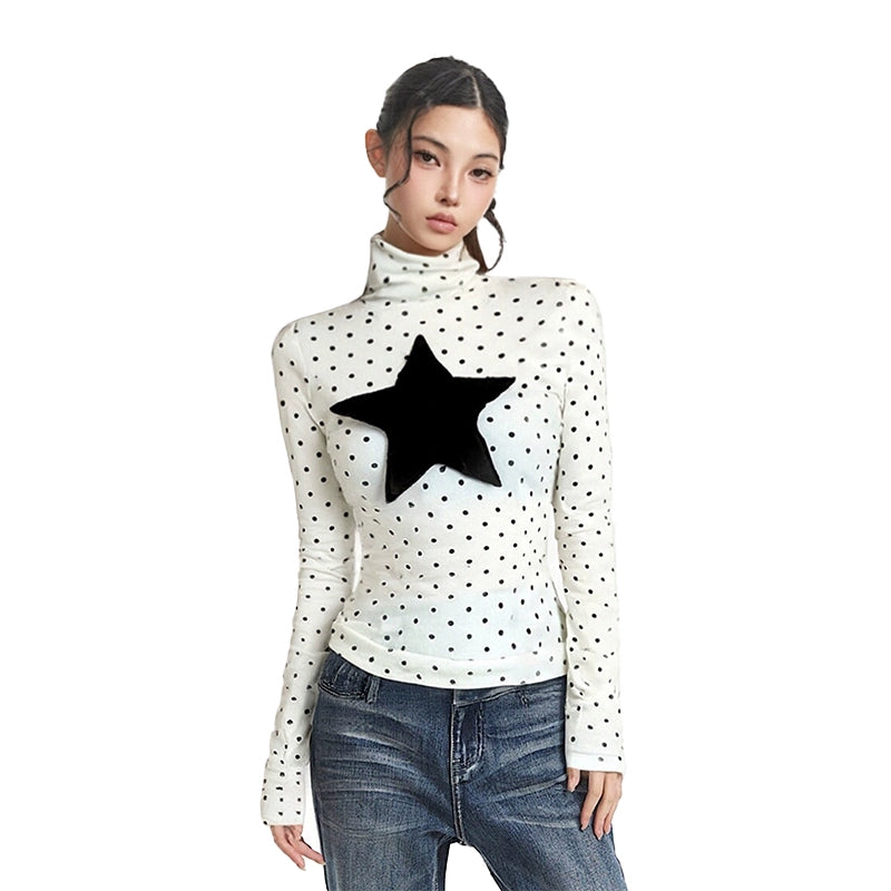 High neck polka dot heart-shaped long sleeved Top