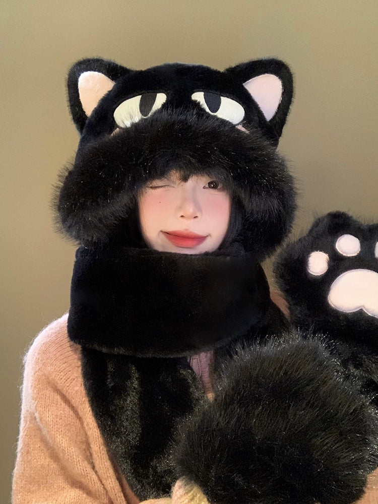 Cute cat plush hat and scarf in one