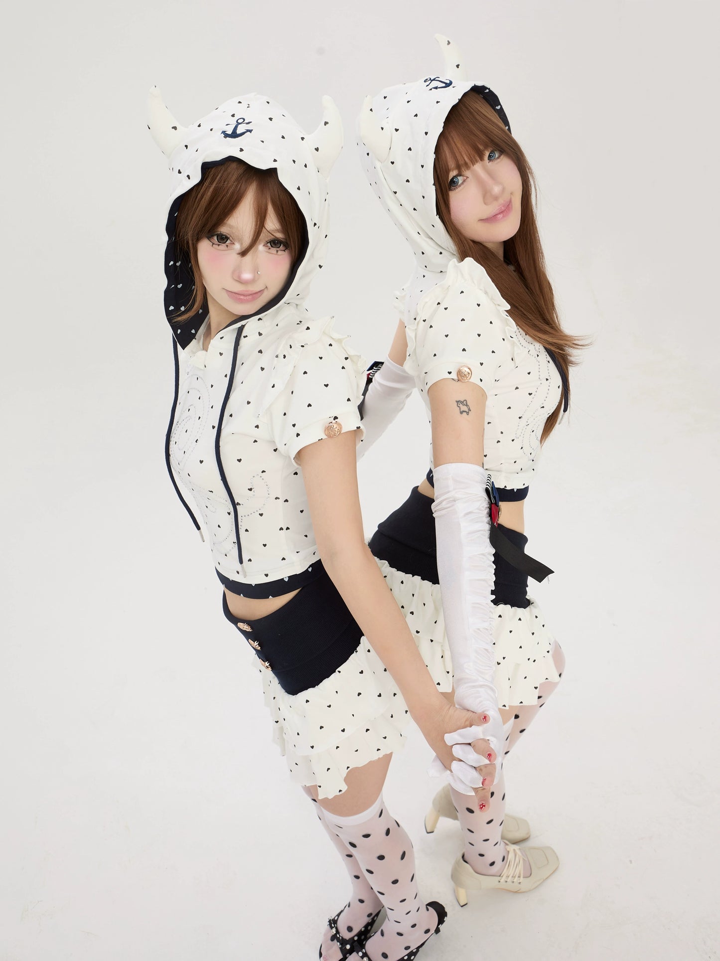 two little devil love print puff sleeve short skirt set