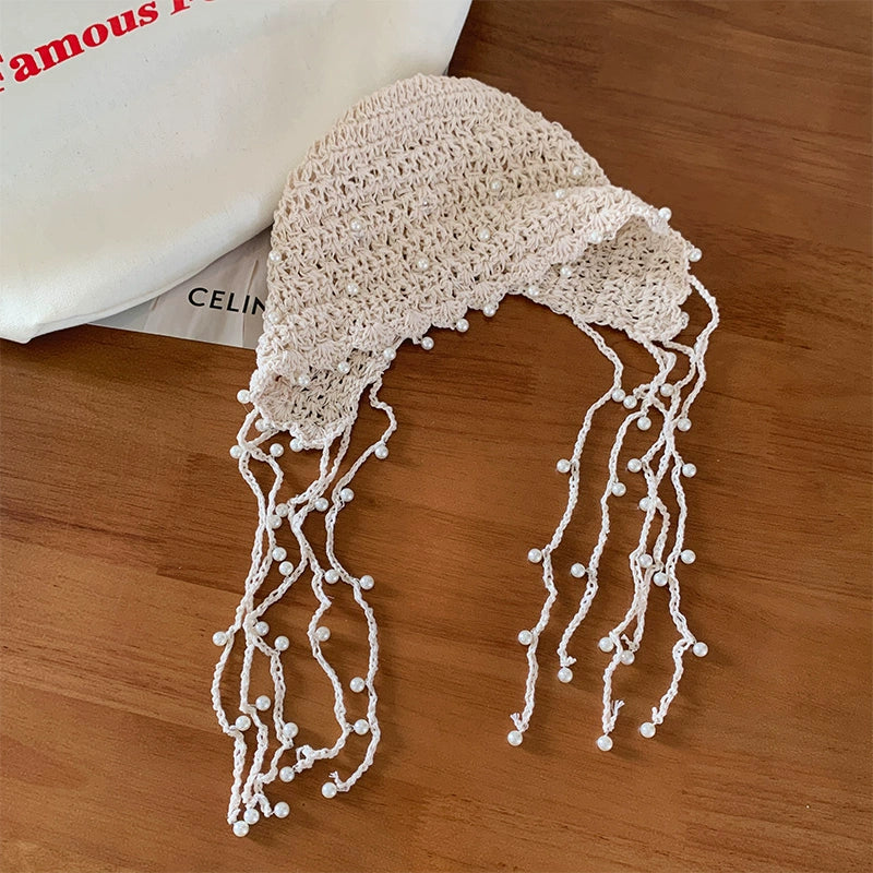 Hollow pearl tassel pendant headband cap