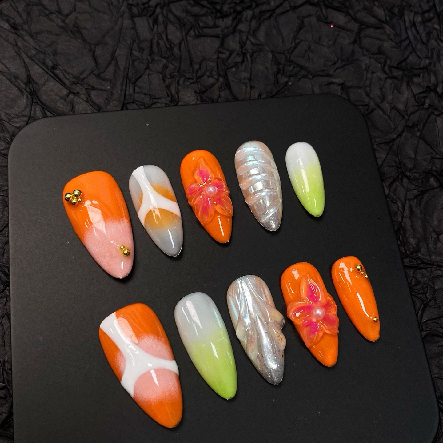 Handmade almond nail carving California sunset nail art nail tip