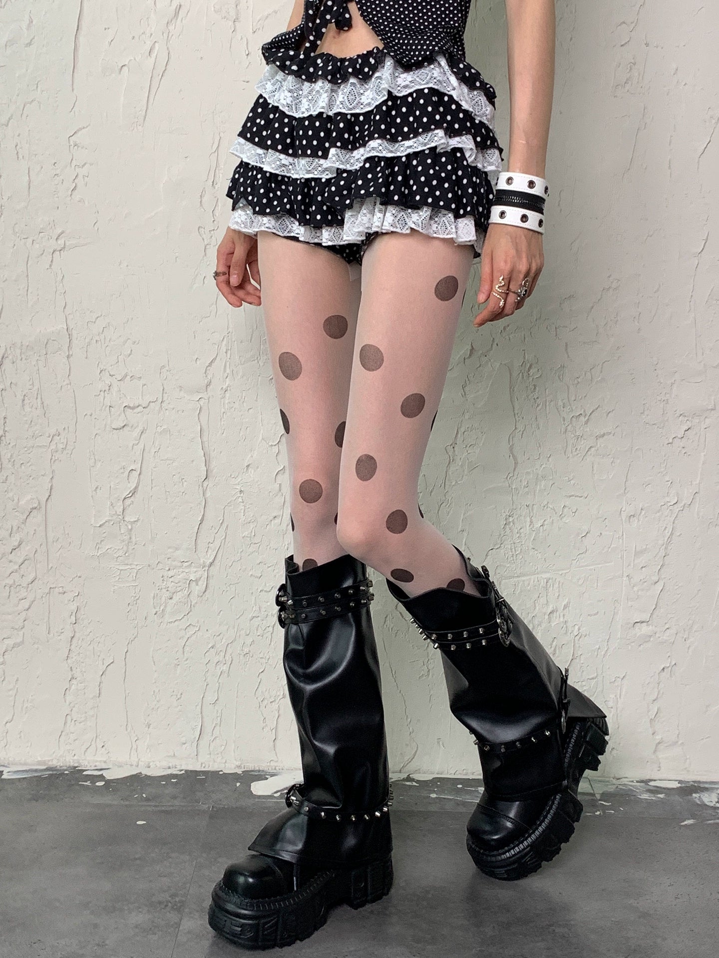 White background large polka dot stockings