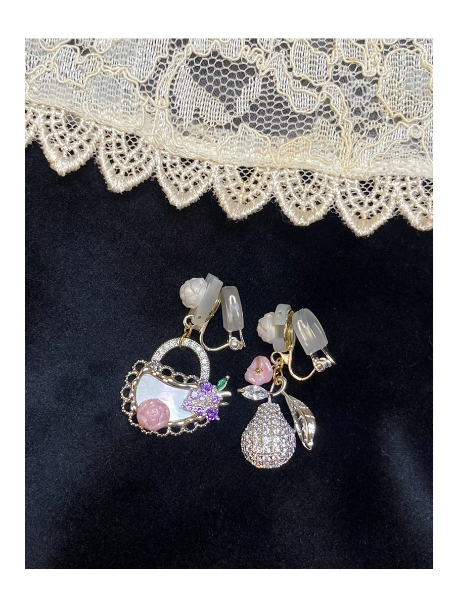 ~*H. C. Signature Diamond Fruit Basket *~Precious Materials Shell Letter Sugar Sparkling Grape Fruit Heavy Industry Earrings