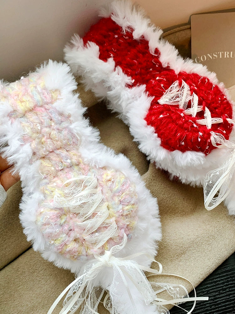 Red lace bow knitted earmuffs