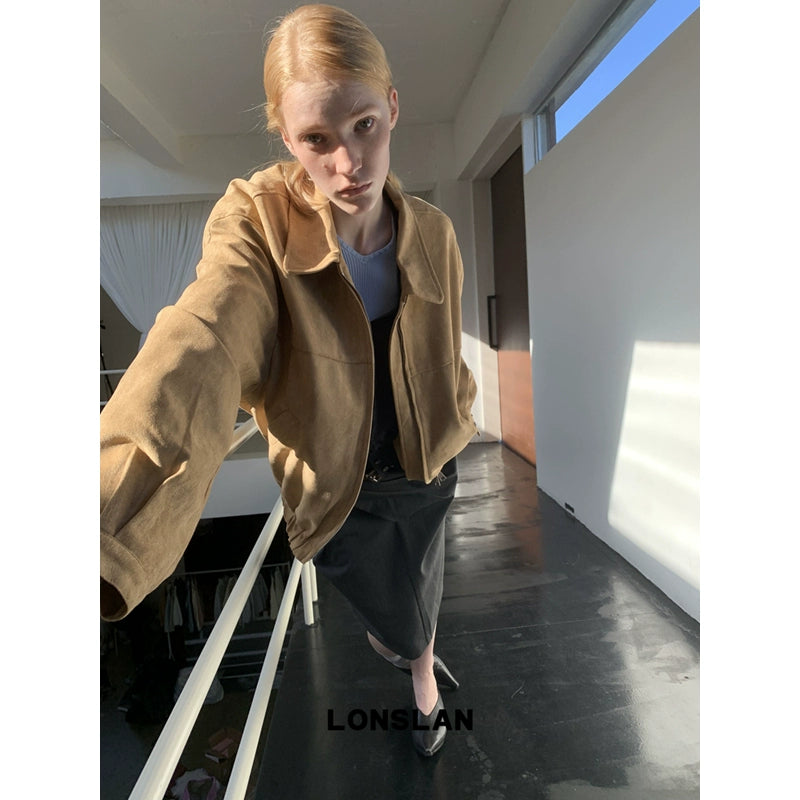 Flip collar zipper suede short jacket