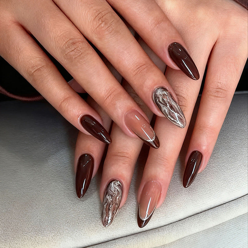Brown coffee marble gradient metal nail tip
