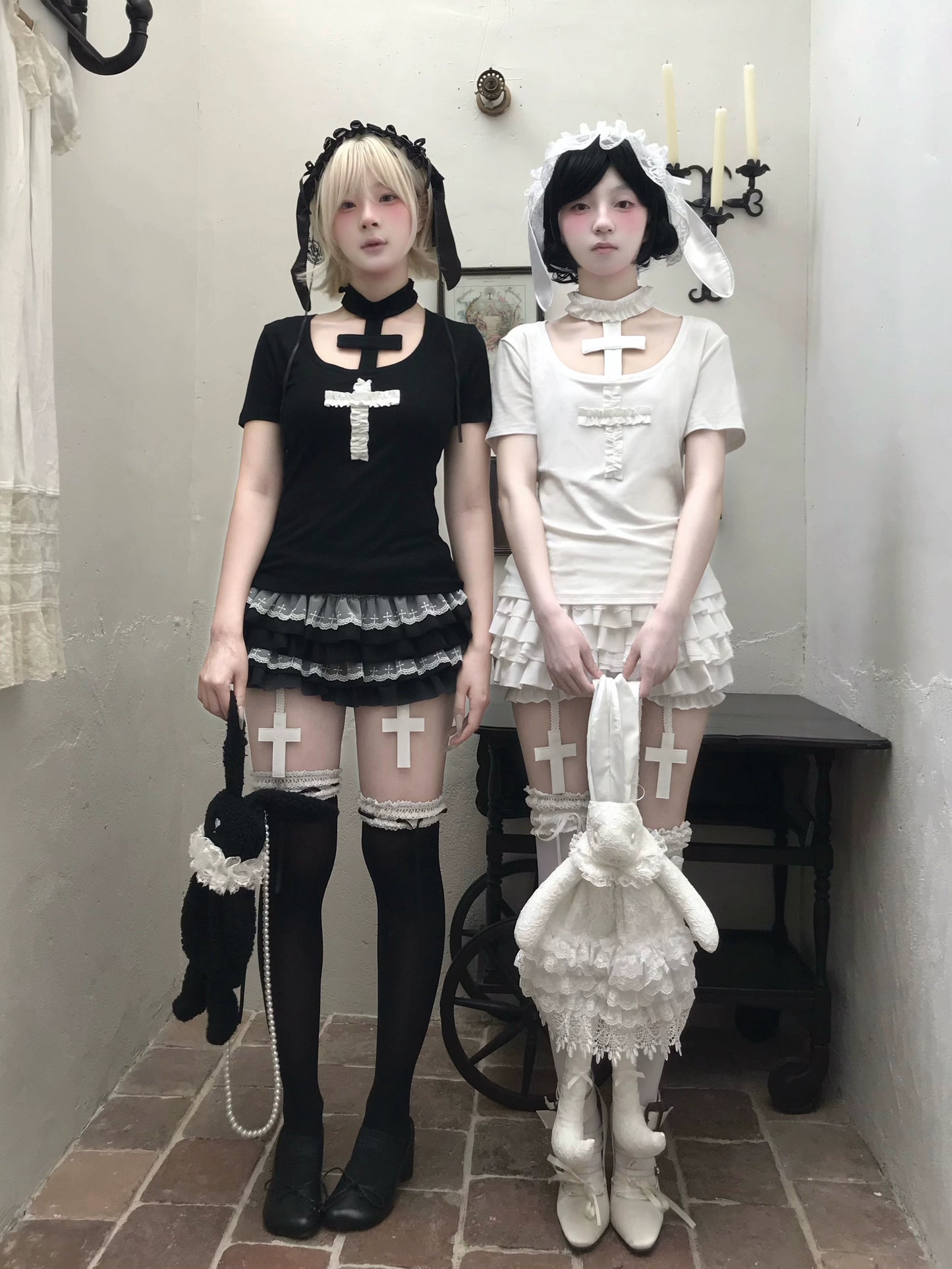 Dark White Gothic Cross Neck Hanging T-shirt Cake Skirt