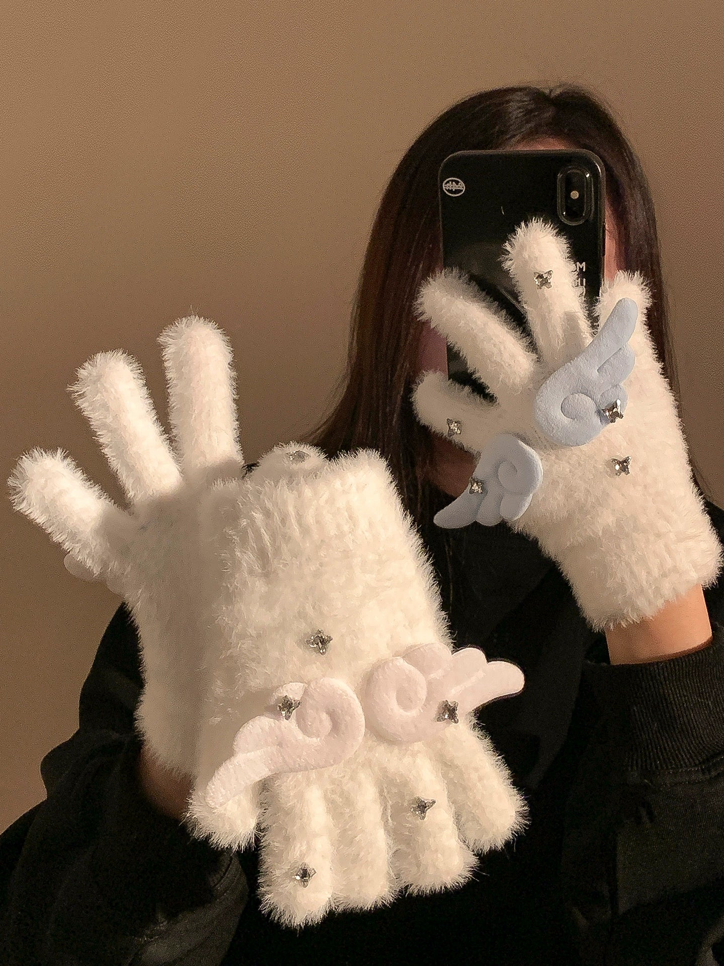 Cute sparkling diamond angel wings plush knitted gloves