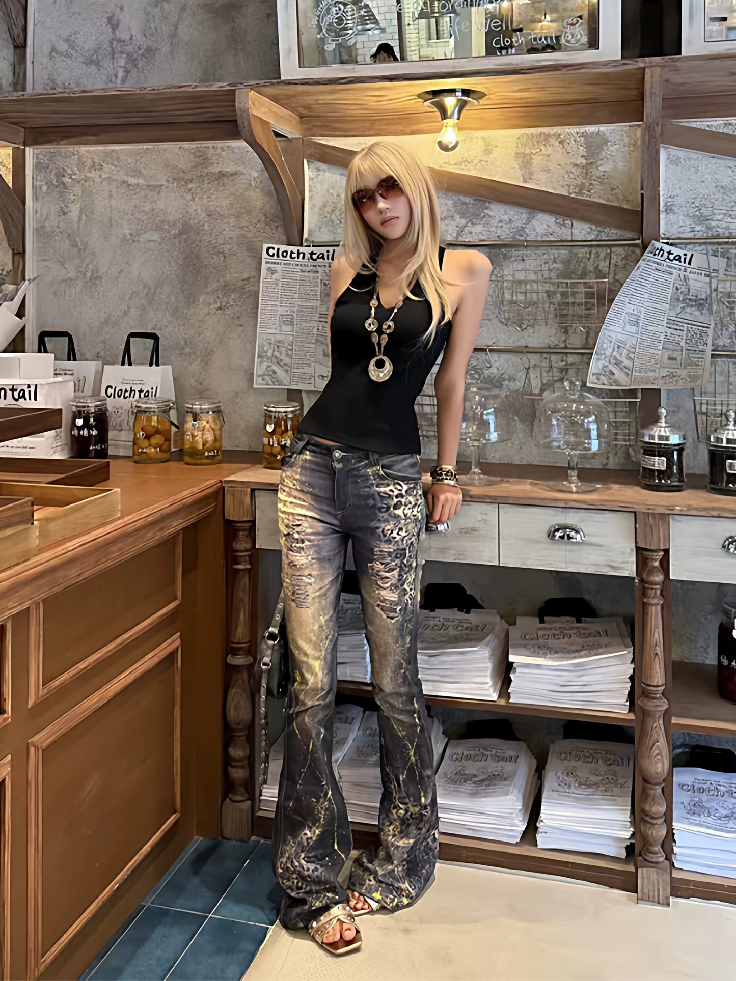 Leopard print hot stamping flared jeans