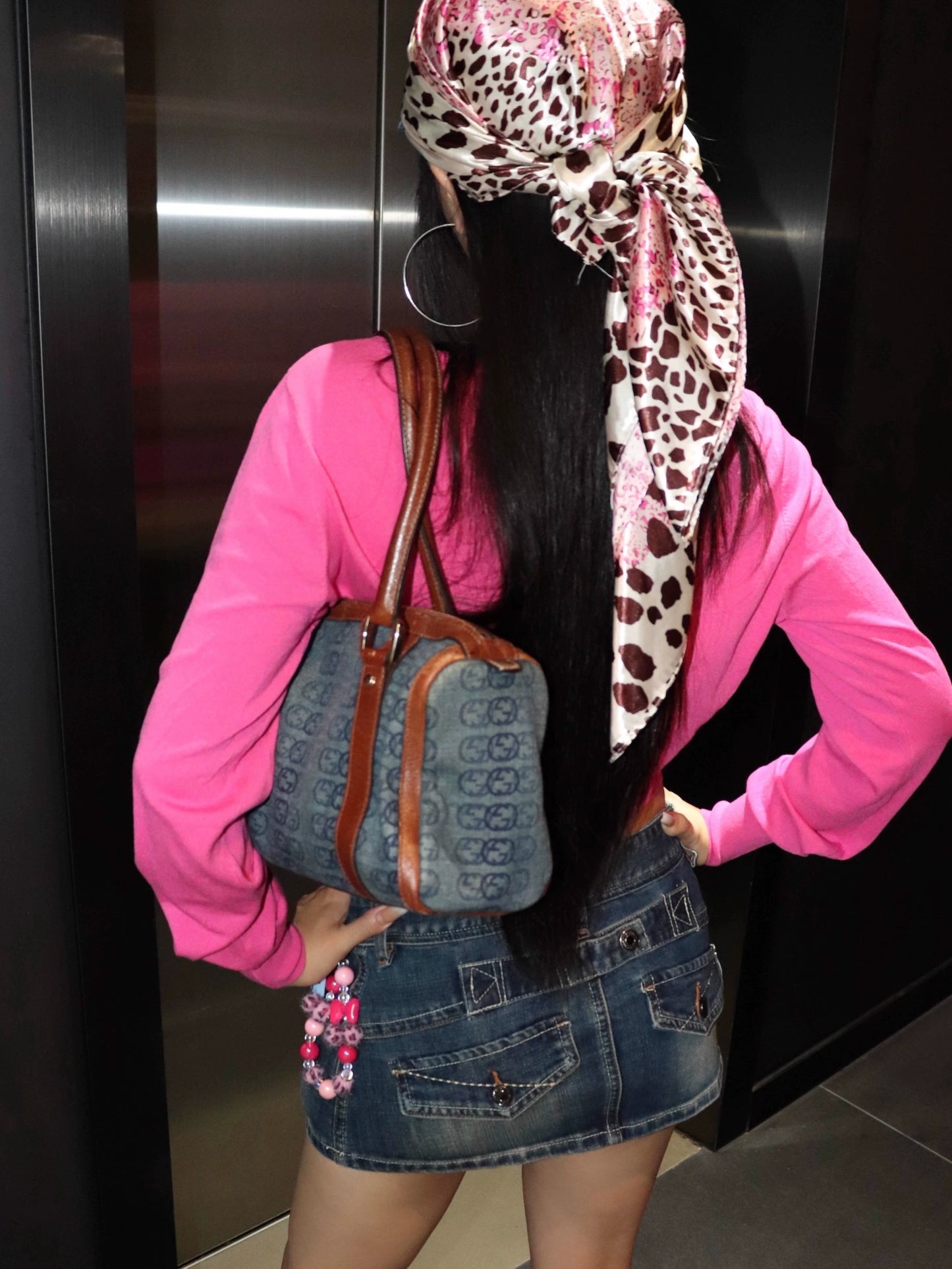 Washed retro denim print miniskirt