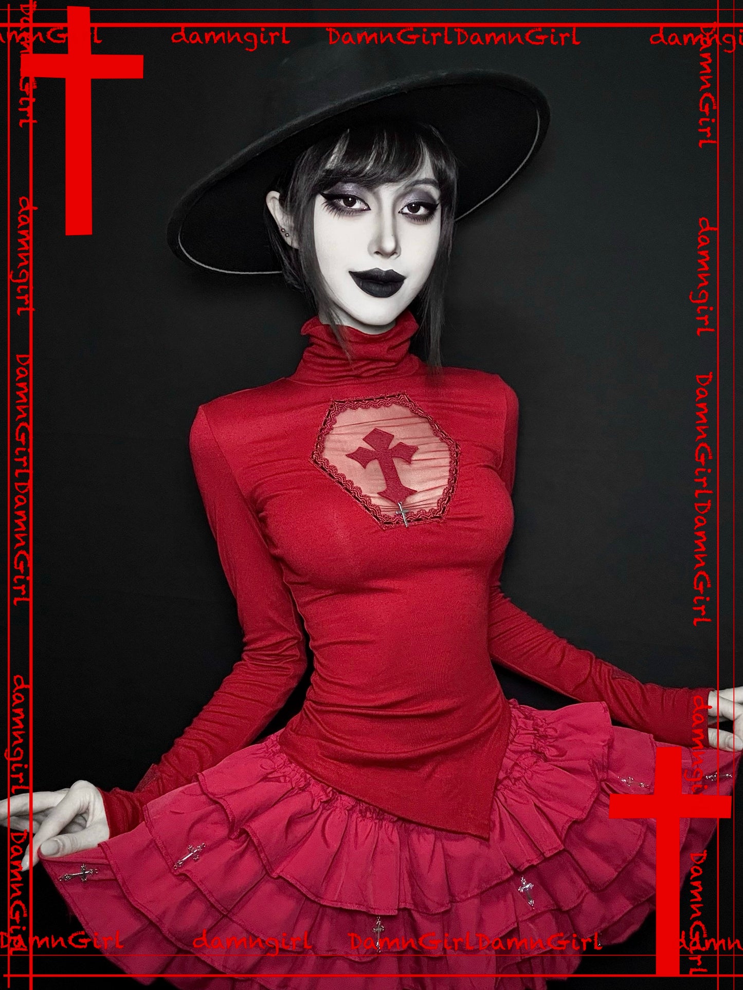 Blood stained cross wine red Gothic cross hollow top