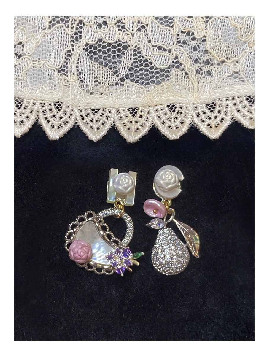 ~*H. C. Signature Diamond Fruit Basket *~Precious Materials Shell Letter Sugar Sparkling Grape Fruit Heavy Industry Earrings