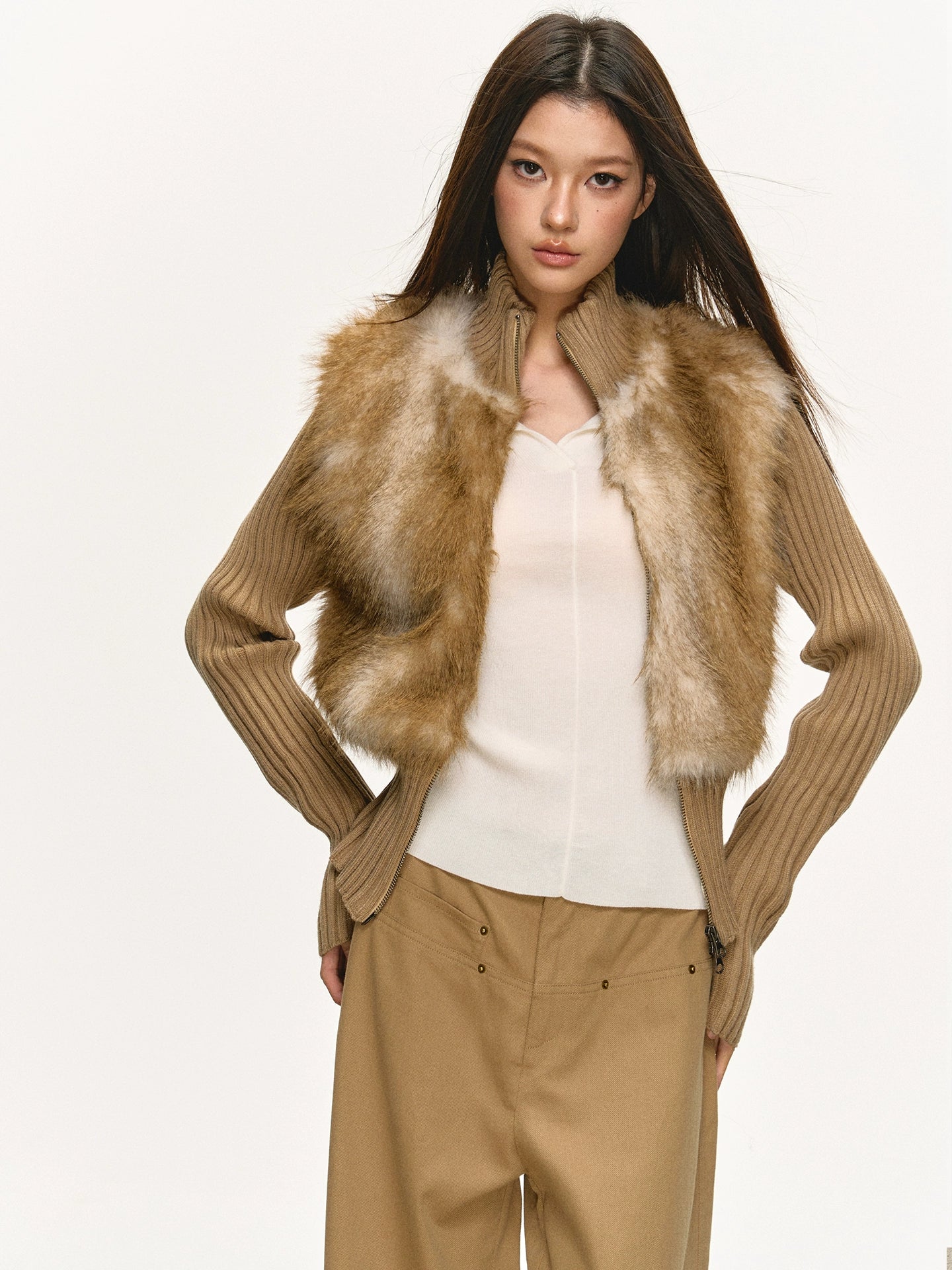 faux fur knitted spliced jacket