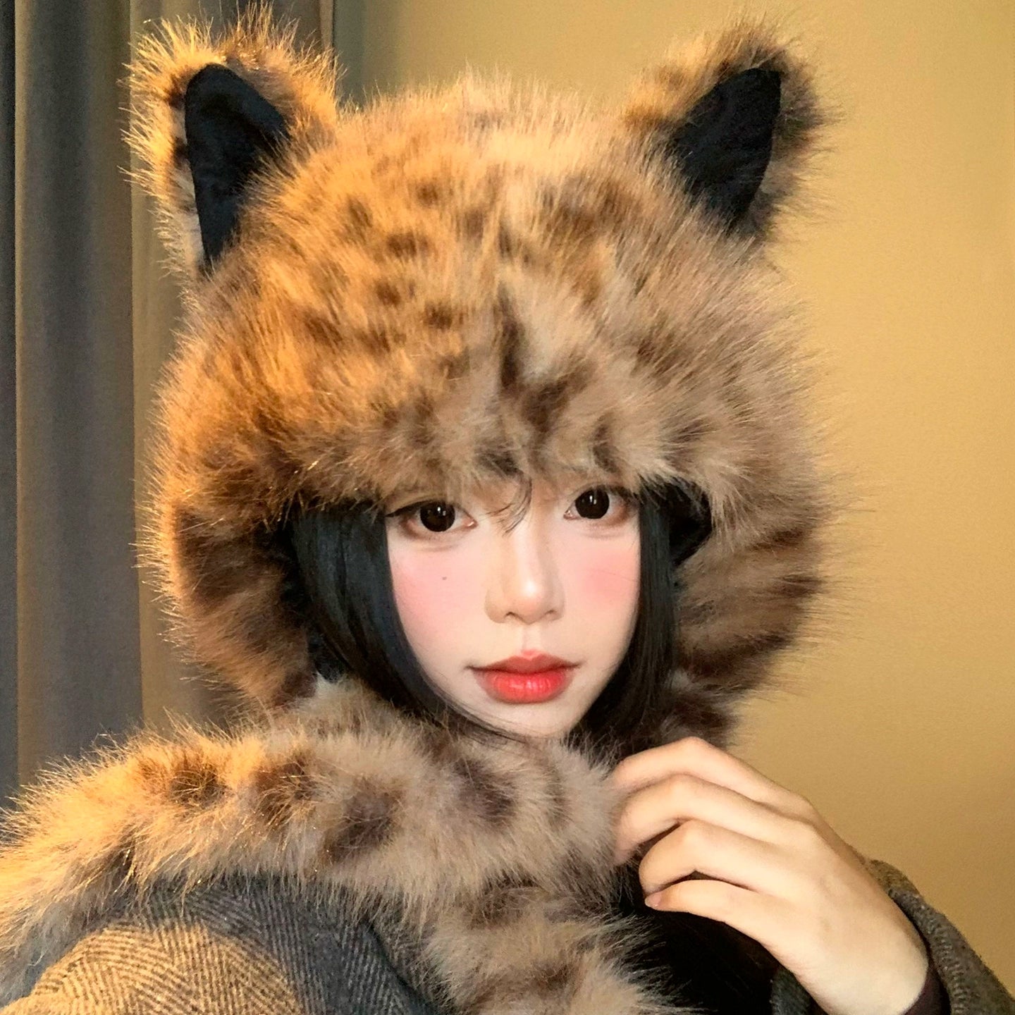 Cute leopard print fox ears plush hat scarf in one
