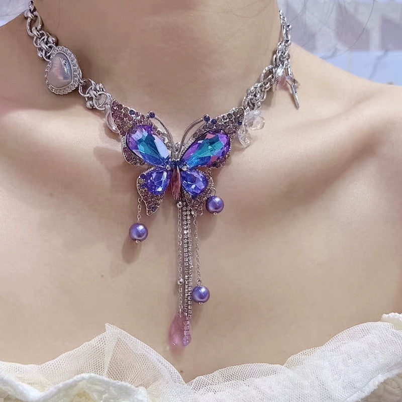 Y2K Blue Purple Sparkling Zircon Butterfly Necklace