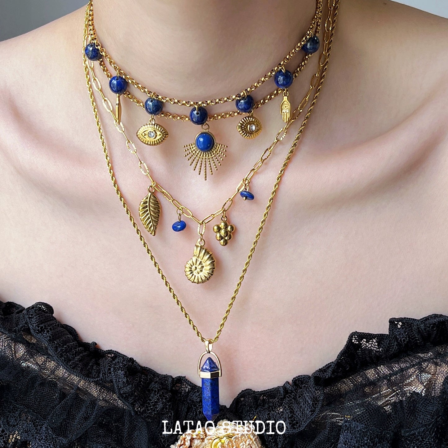 Blue gold lapis lazuli solar titanium steel choker necklace