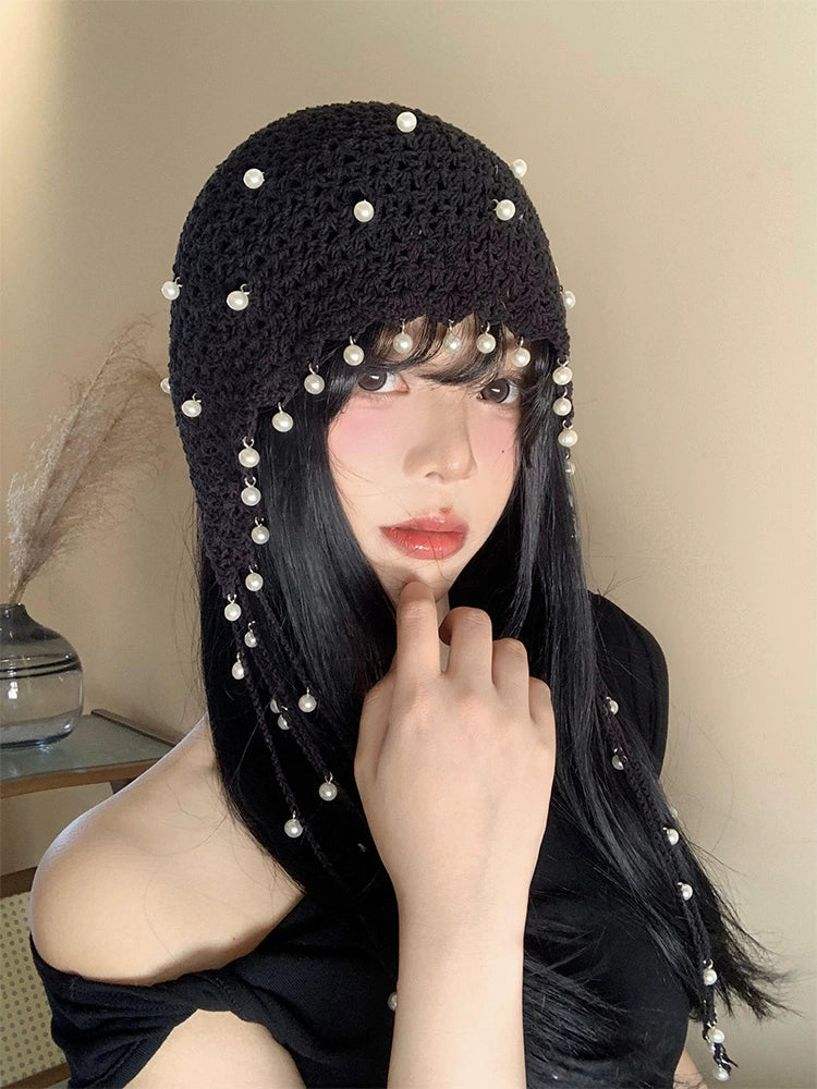 Hollow pearl tassel pendant headband cap
