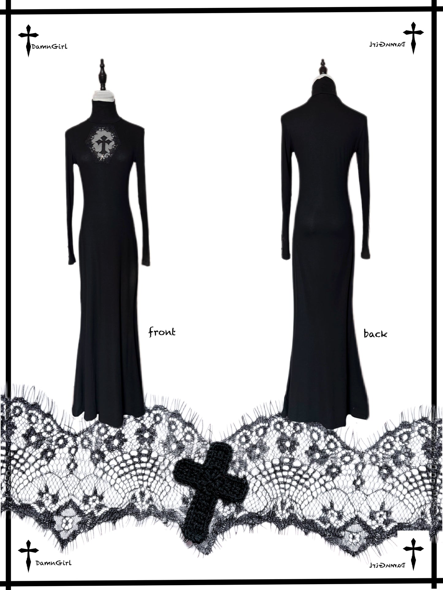 Dark cross fish tail long skirt Gothic mesh hollow dress
