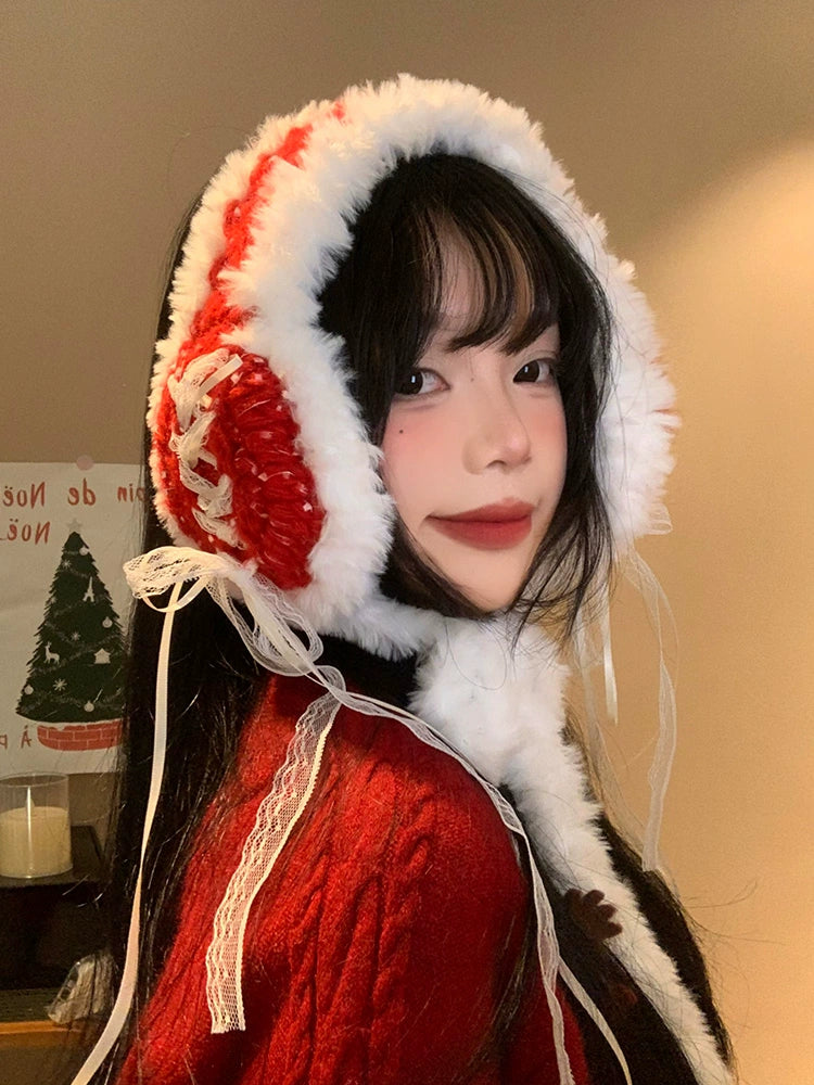 Red lace bow knitted earmuffs