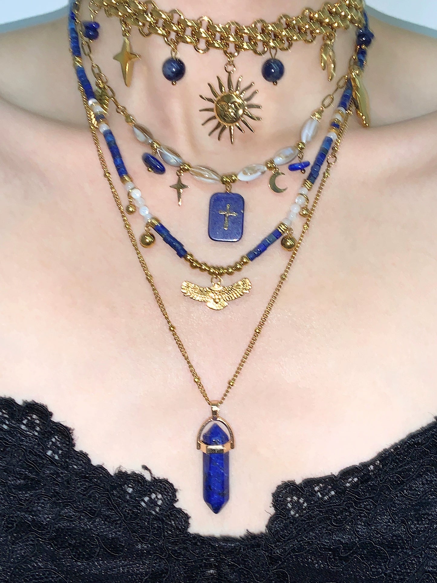 Mondrian Retro Blue Gold Sun Cross Lapis Stone Necklace