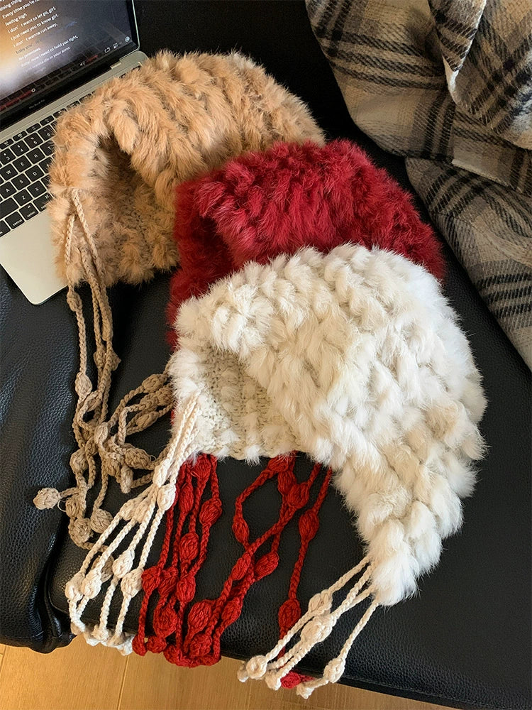 Red rabbit fur knitted plush hat