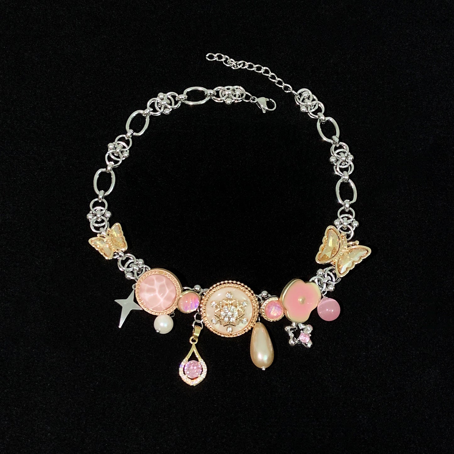 Golden Pink Beauty "Butterfly Button Titanium Steel Joker Bracelet Necklace