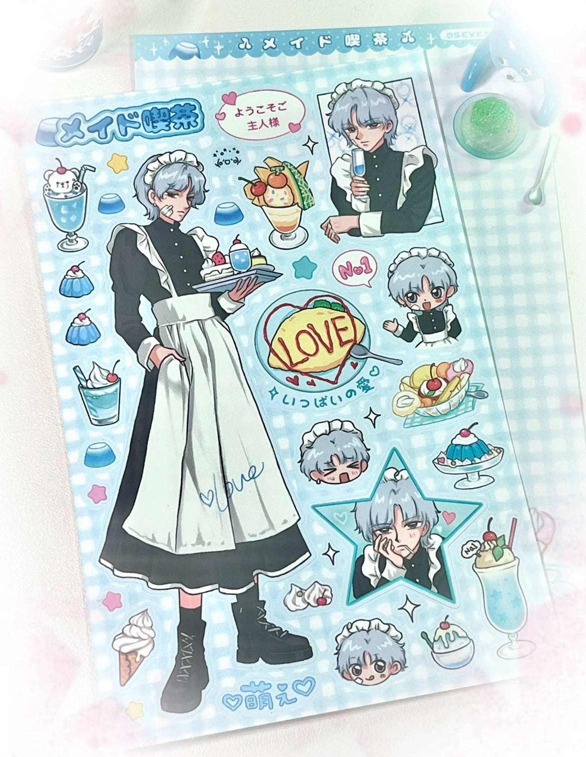 Maid Tea Shop Set Handbag Stickers Japanese Showa Card ID Photo