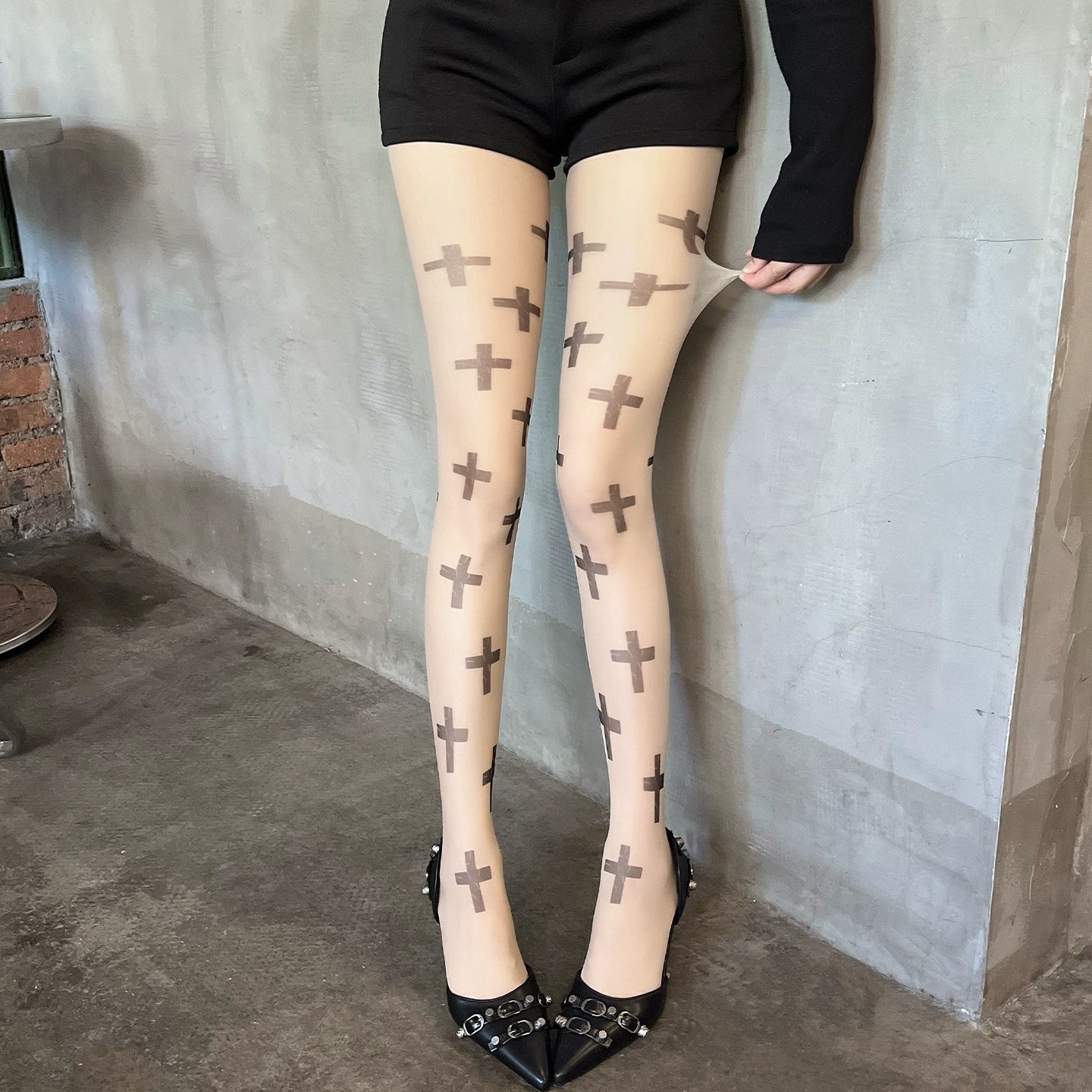 Minimalist Cross Print Sheer Tights