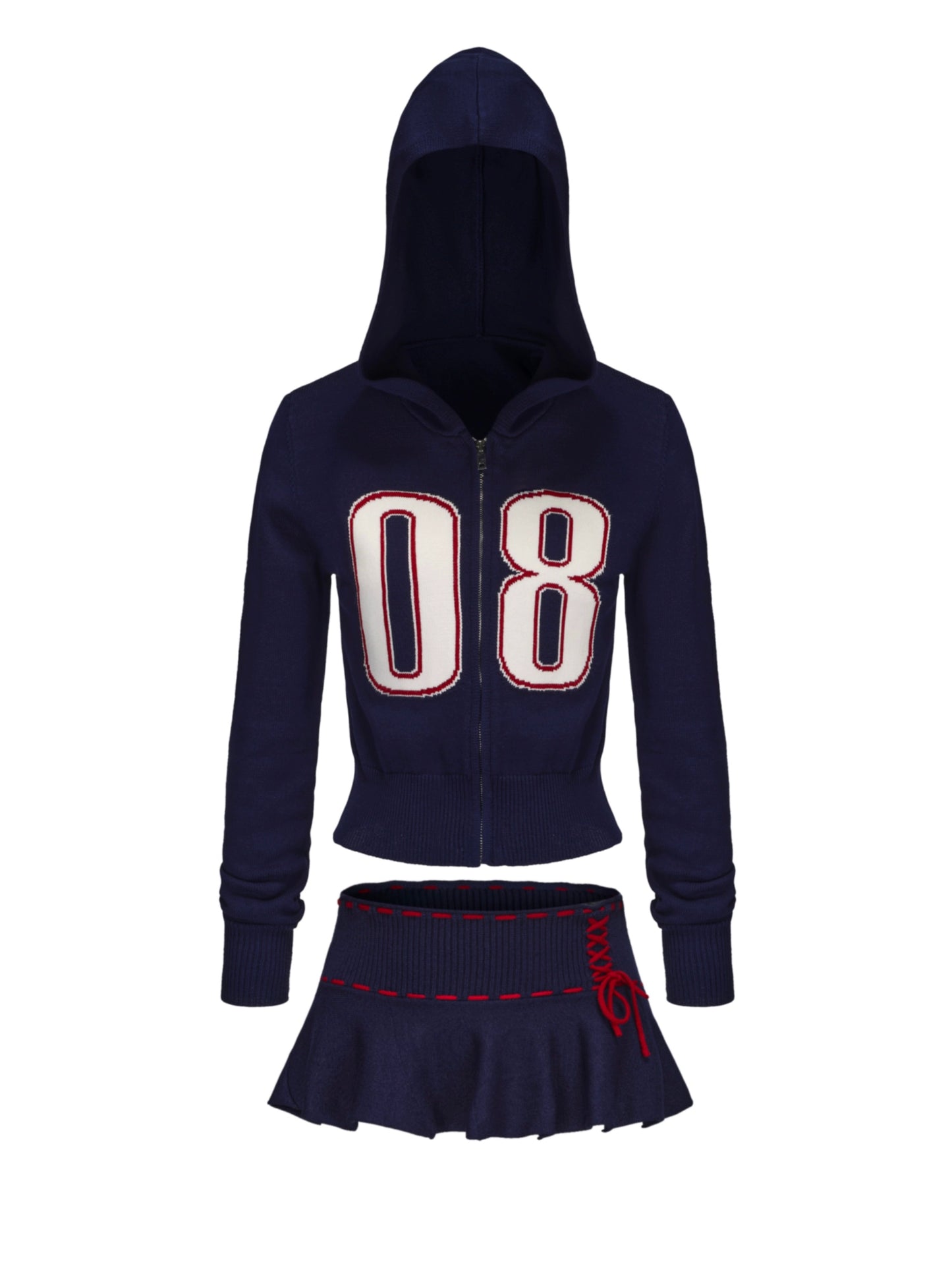 wool set navy blue/dark red, miniskirt + hooded zipper jacket