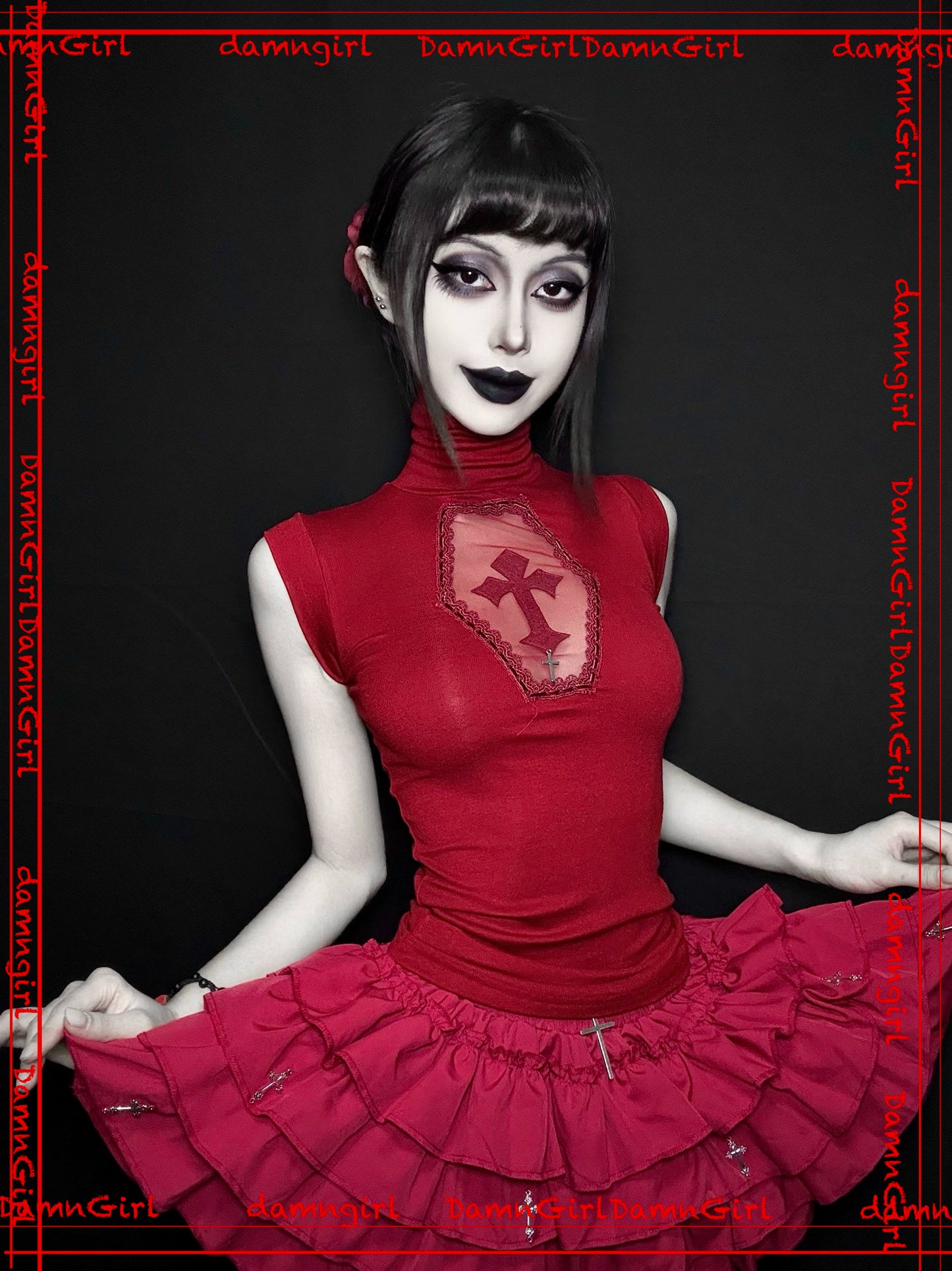 Christmas Wine Deep Red Gothic Cross Hollow High Neck Knitted Shirt