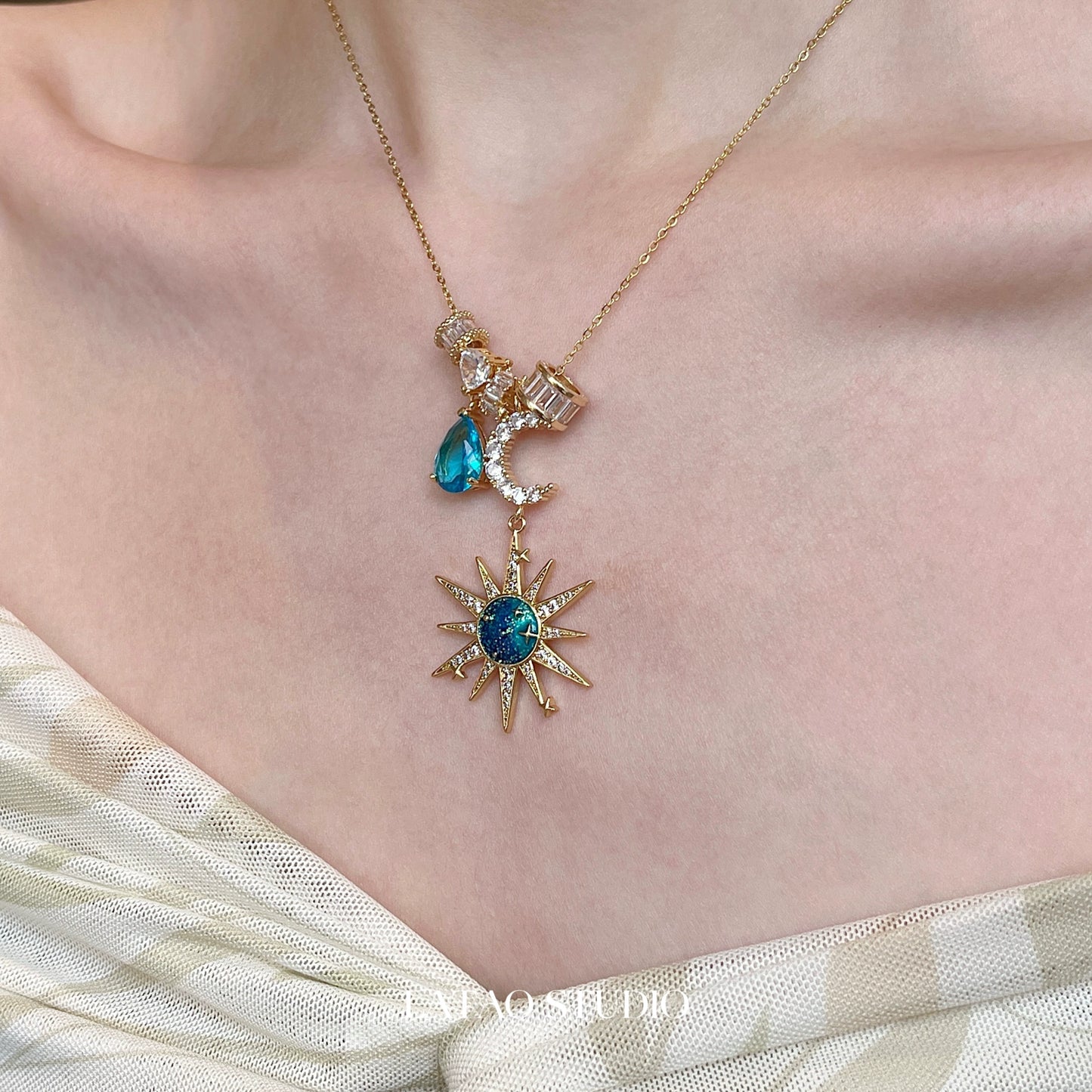 Sora Blue Sun Moon Zircon Necklace