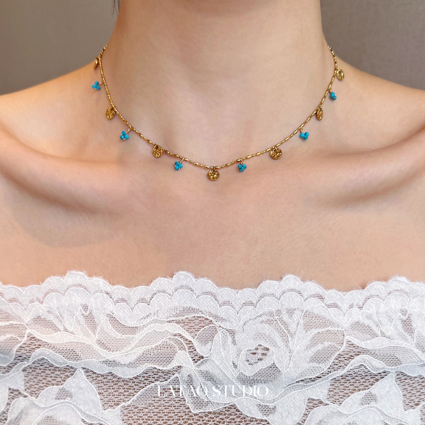 Bluebell Flower "Blue Gold Turquoise Vintage Necklace