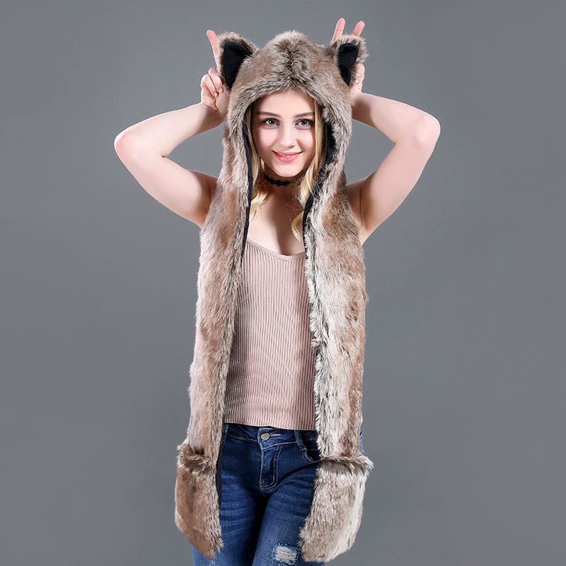 Plush hat faux fur scarf, gloves in one