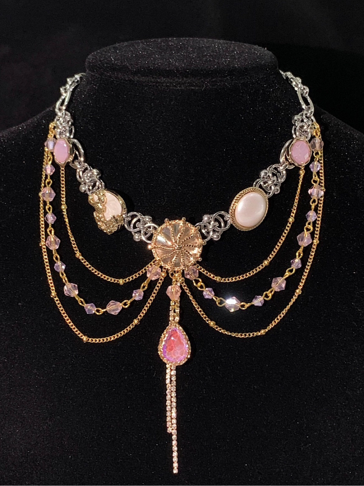 Mermaid Tears "Retro Pink Purple Heavy Industry Tassel Water Drop Titanium Steel Button Choker Necklace