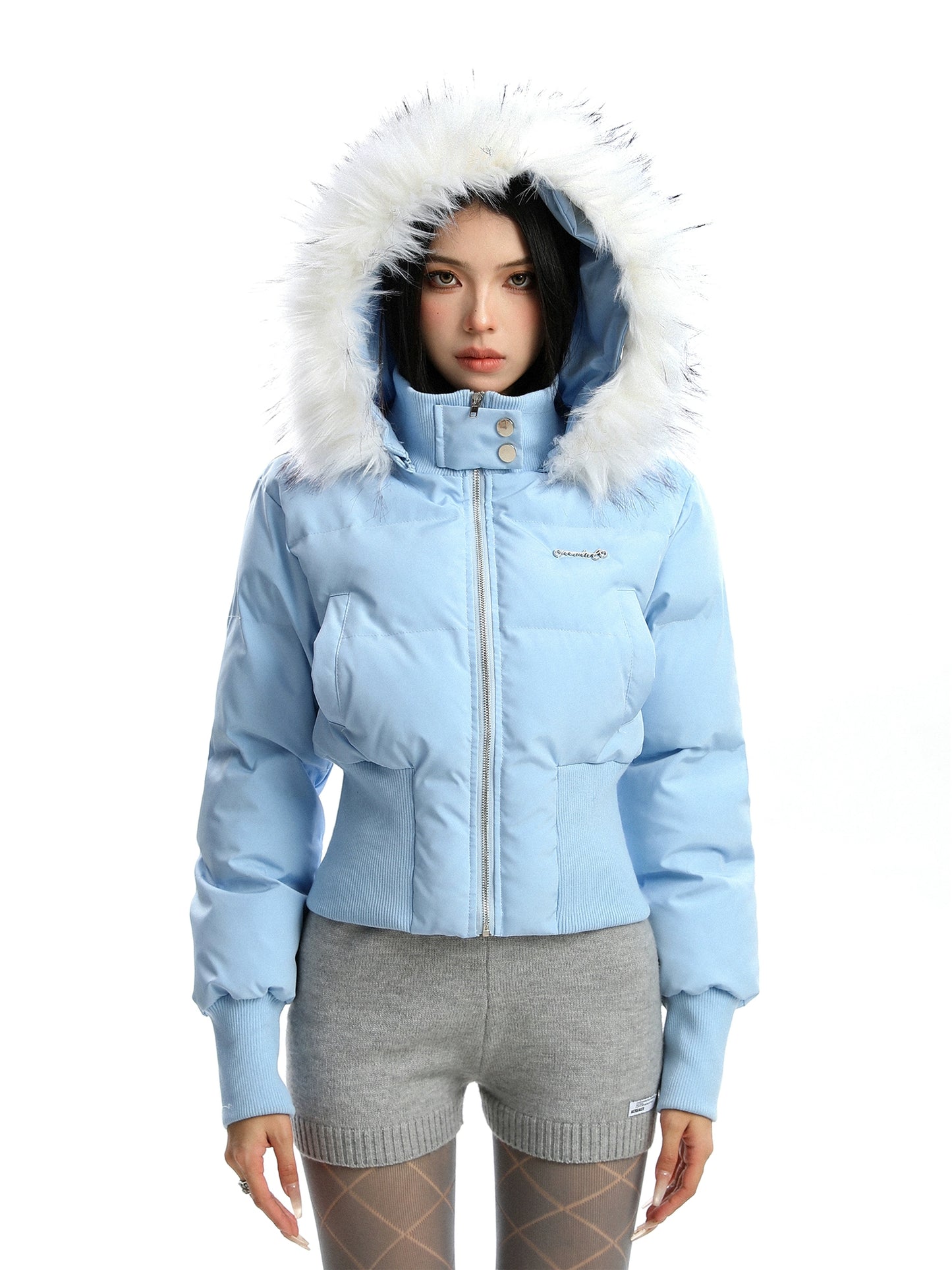 Detachable fur collar hooded short cotton padded coat