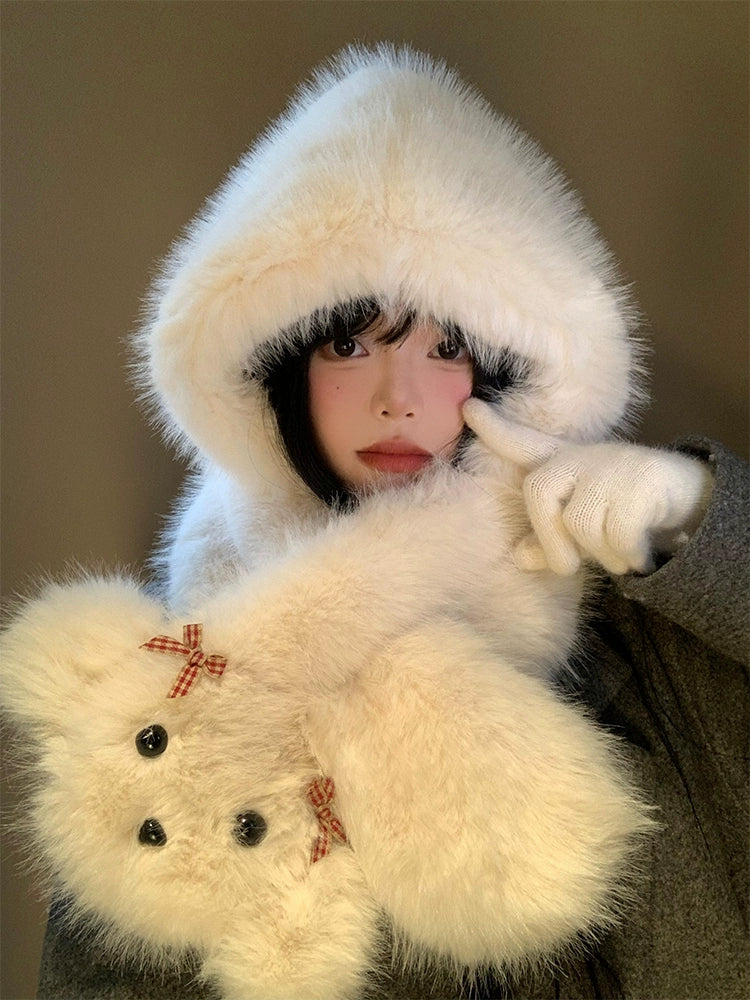 Cute bow dog plush hat scarf in one