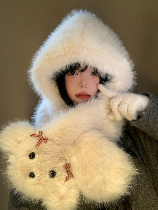 Cute bow dog plush hat scarf in one