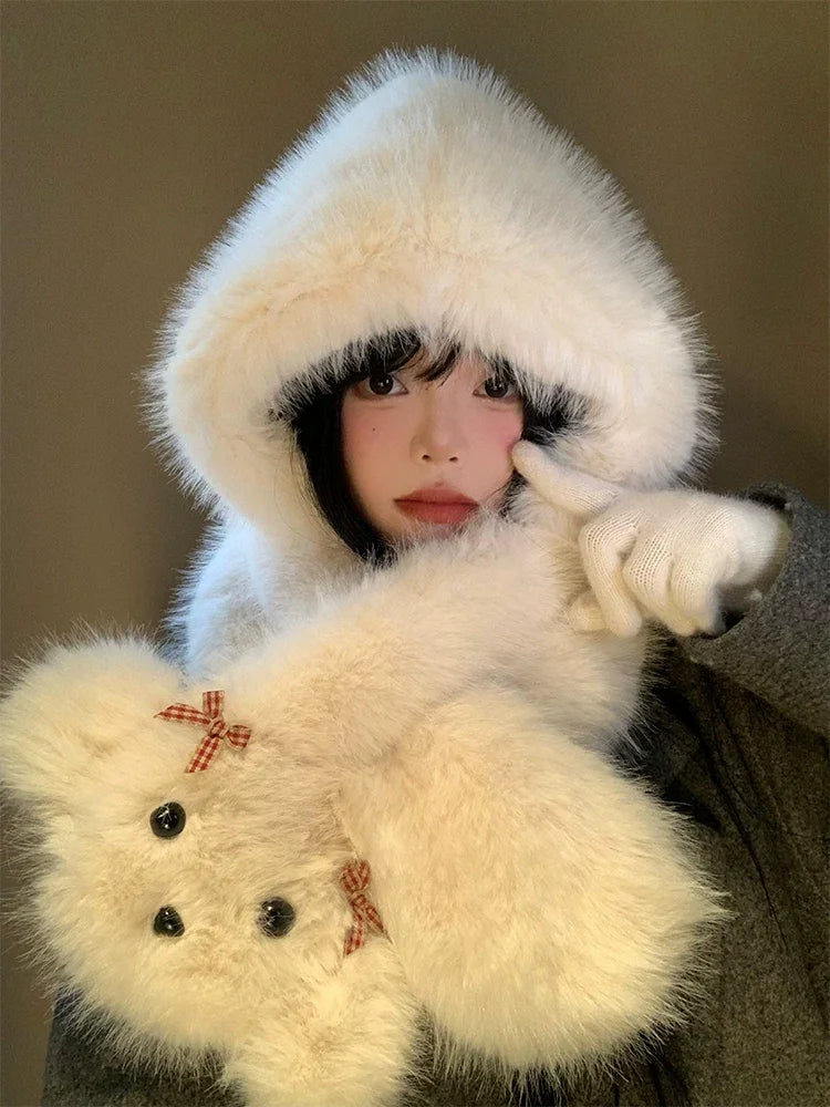 Cute bow dog plush hat scarf in one