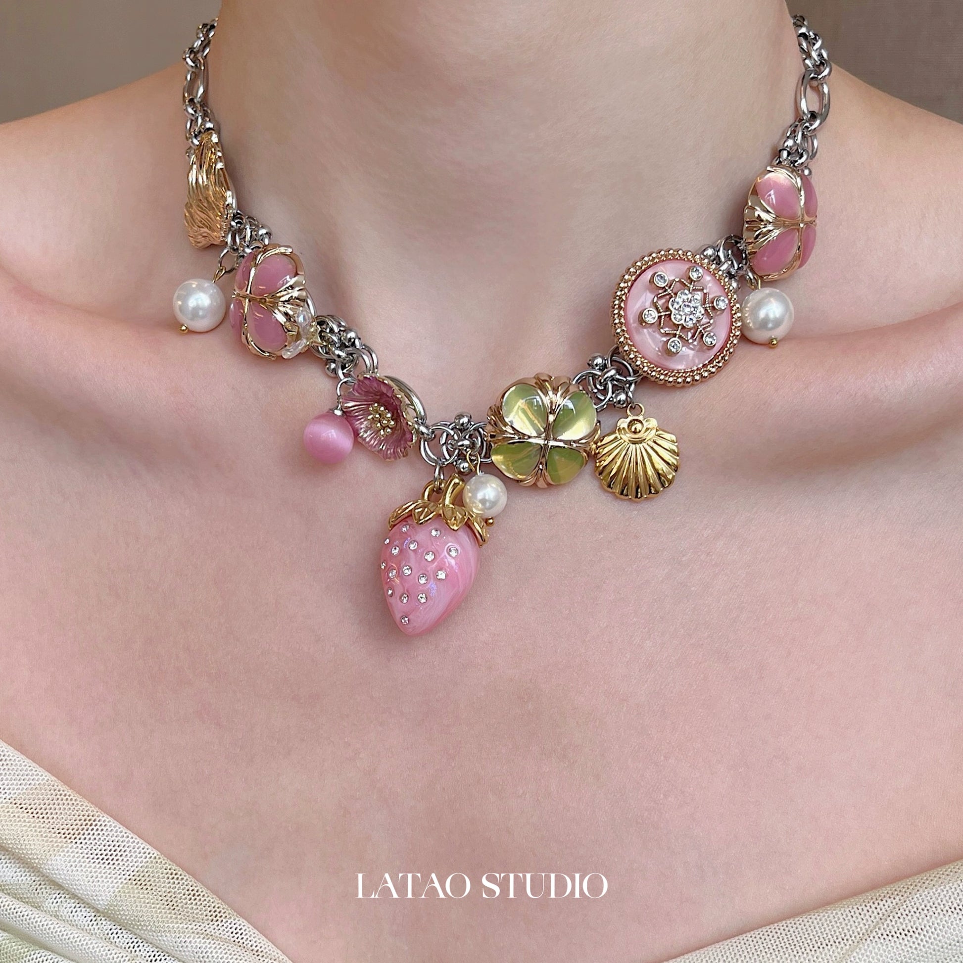 JUICY Pink Strawberry Flower Sea Pearl Colored Titanium Steel Necklace