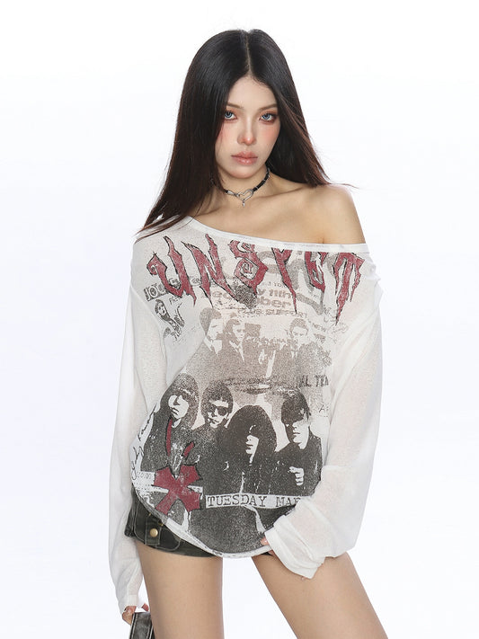 Graffiti printed slim shoulder long sleeved T-shirt