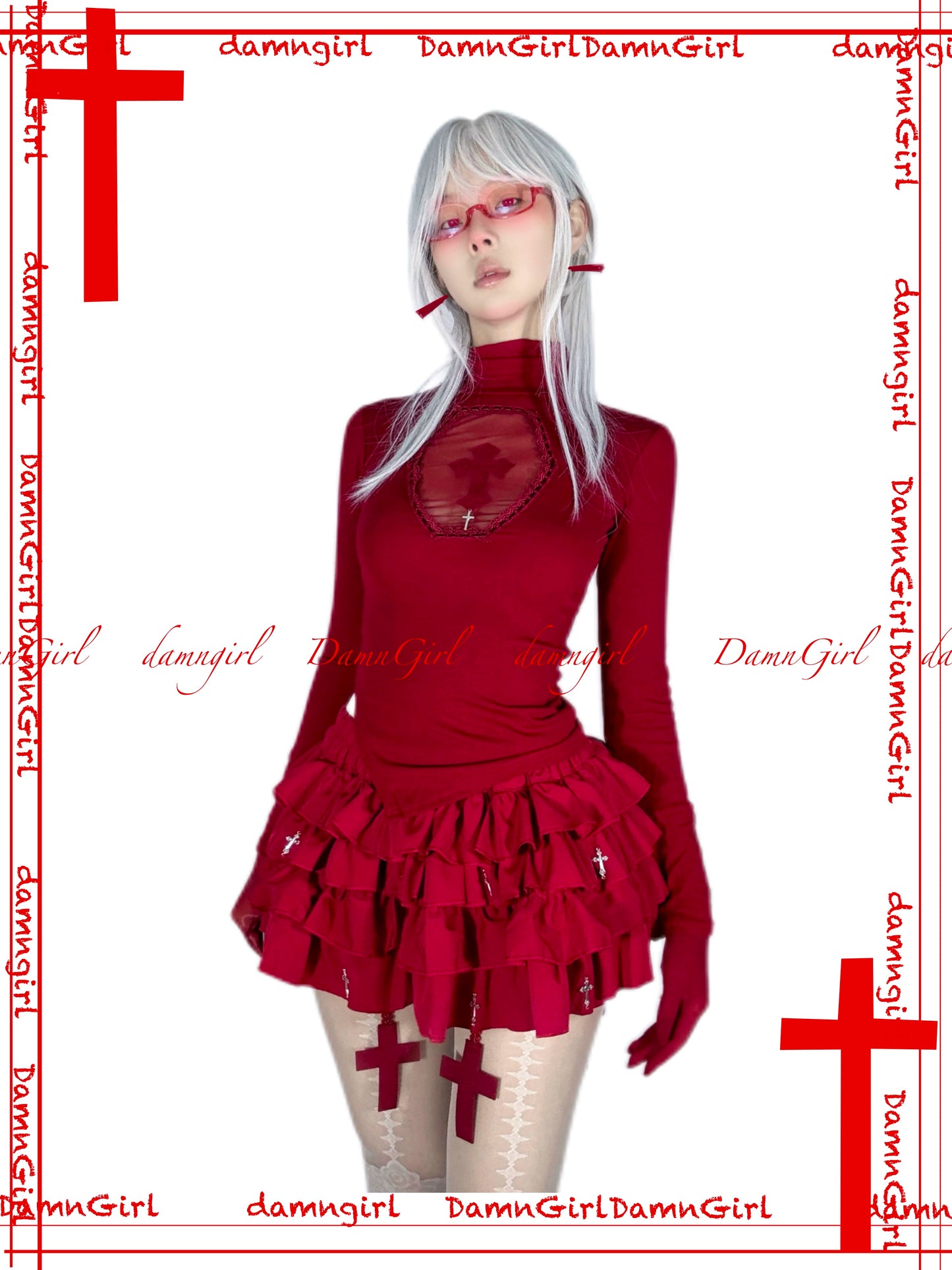 Wine Red Gothic Cross Hollow Modal High Collar Bottom Shirt